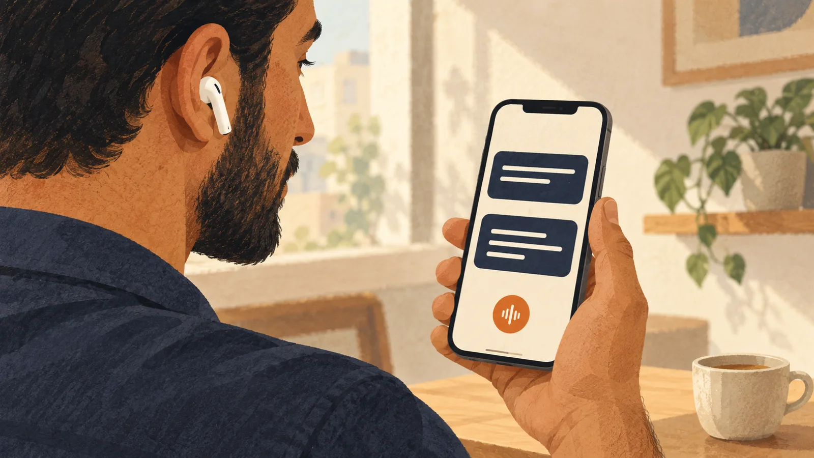 Editorial illustration: following “How to use Live Translation with AirPods” with a smartphone held at a natural reading angle in a station, airport, or unfamiliar street.