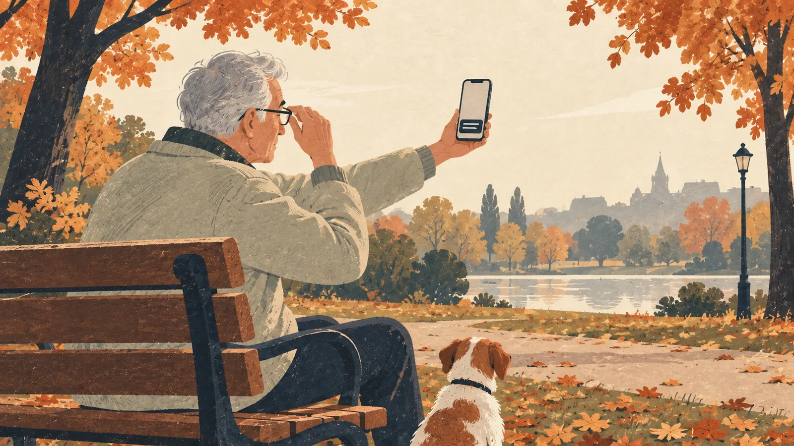 Illustration of an older man on a park bench holding his iPhone at arm's length, with a small dog at his feet and autumn trees behind him