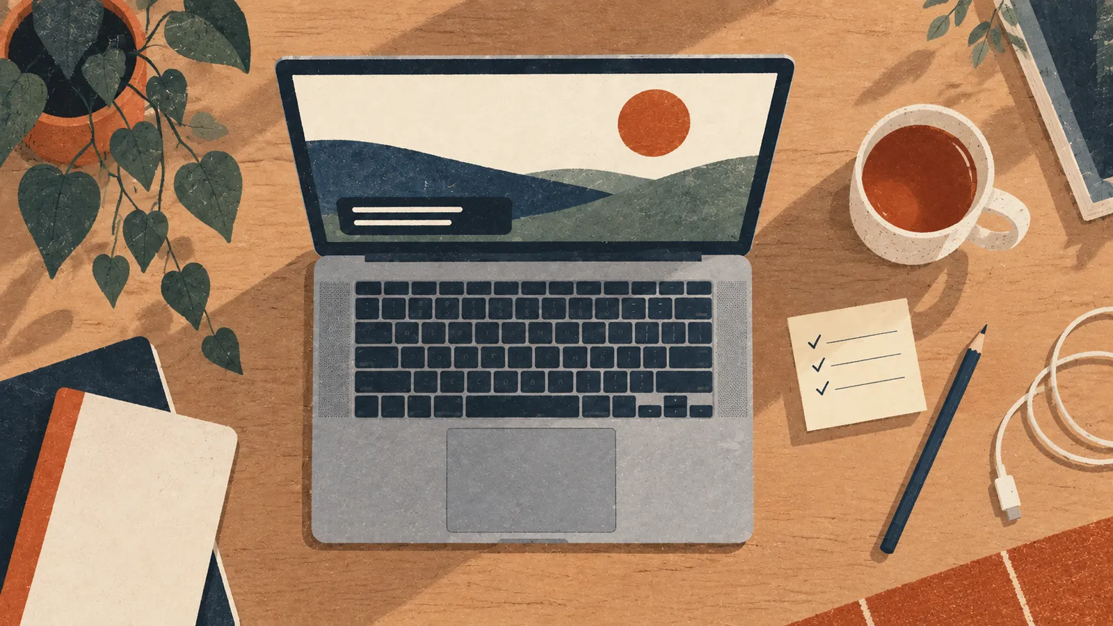 Illustration of a desk seen from above: an open laptop with a small caption window, a sticky note with ticks, a pencil, a cable and a cup of tea