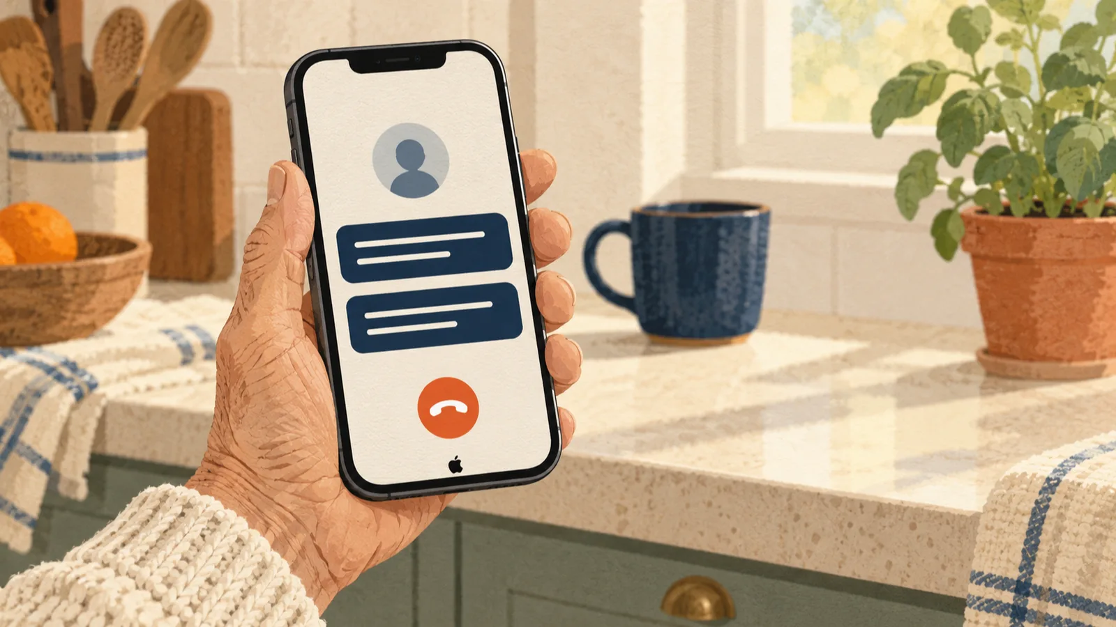 Editorial illustration: following “How to caption a phone call on iPhone, Pixel and Samsung” with a smartphone held at a natural reading angle in a calm public room or home setting.