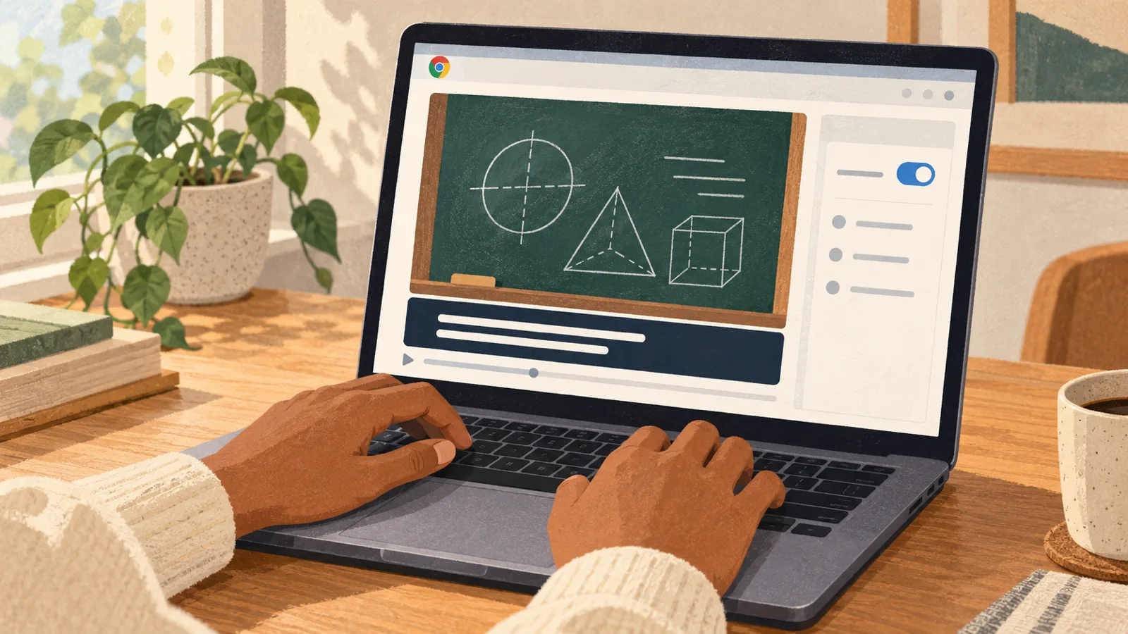 Editorial illustration: following “How to Turn On Chrome Live Caption and Translate the Captions” with a laptop showing captions in a calm living room or study.