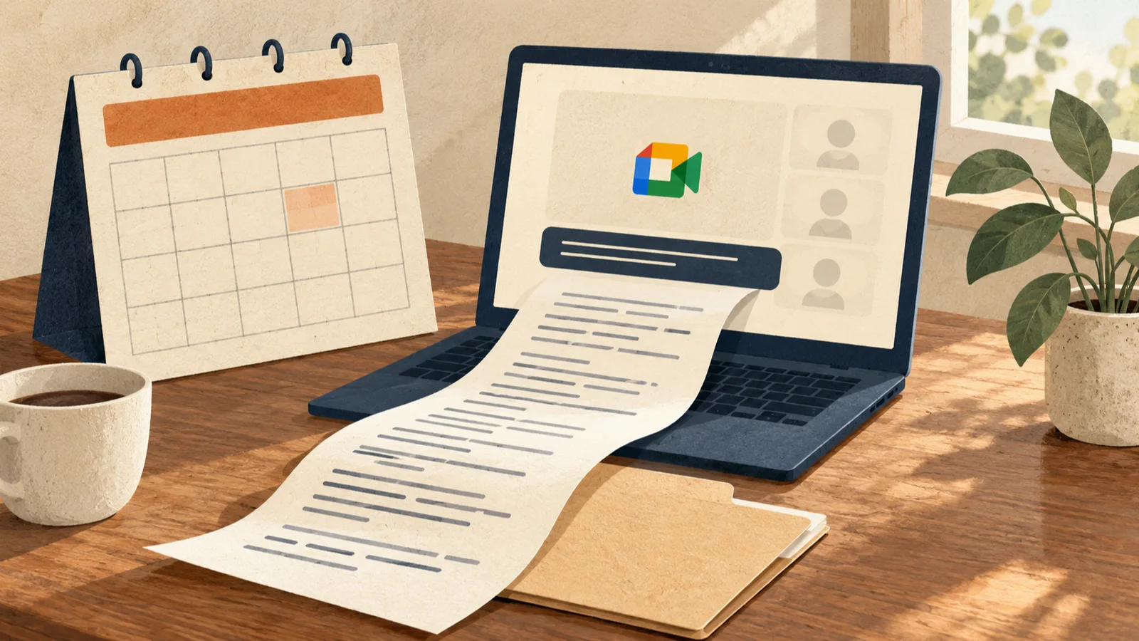 Editorial illustration: following “Google Meet transcript: plans, how to start one, where it's saved” with a phone or laptop in a small meeting room or shared workspace.