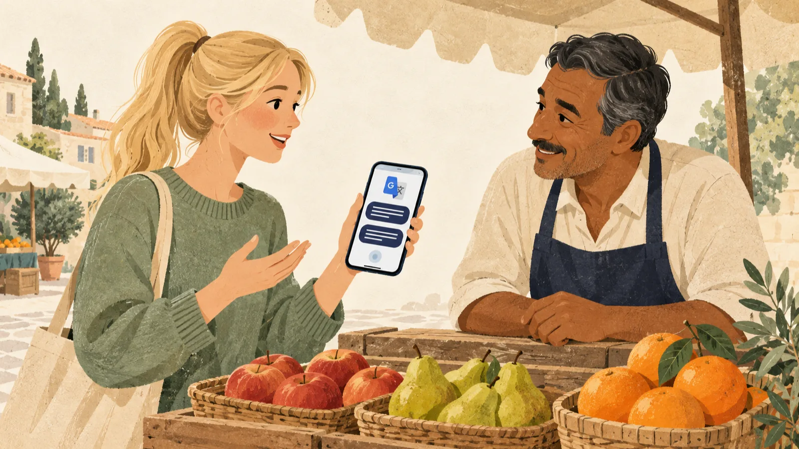 Editorial illustration: following “Google Translate conversation mode on phone, PC and offline” with a smartphone held at a natural reading angle in a cafe or another face-to-face conversation space.