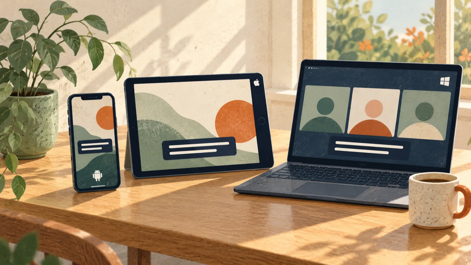 Editorial illustration: following “How to Turn On Live Captions on iPhone, Android, Mac, Windows and in Meetings” with a smartphone held at a natural reading angle in a calm public room or home setting.