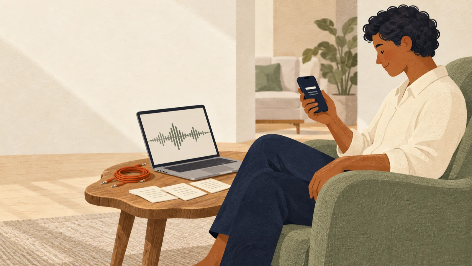 Editorial illustration: following “How to Use MacWhisper: Setup, Free vs Pro and Recording App Audio” with an unbranded laptop with a small blank caption bar in a calm living room or study.