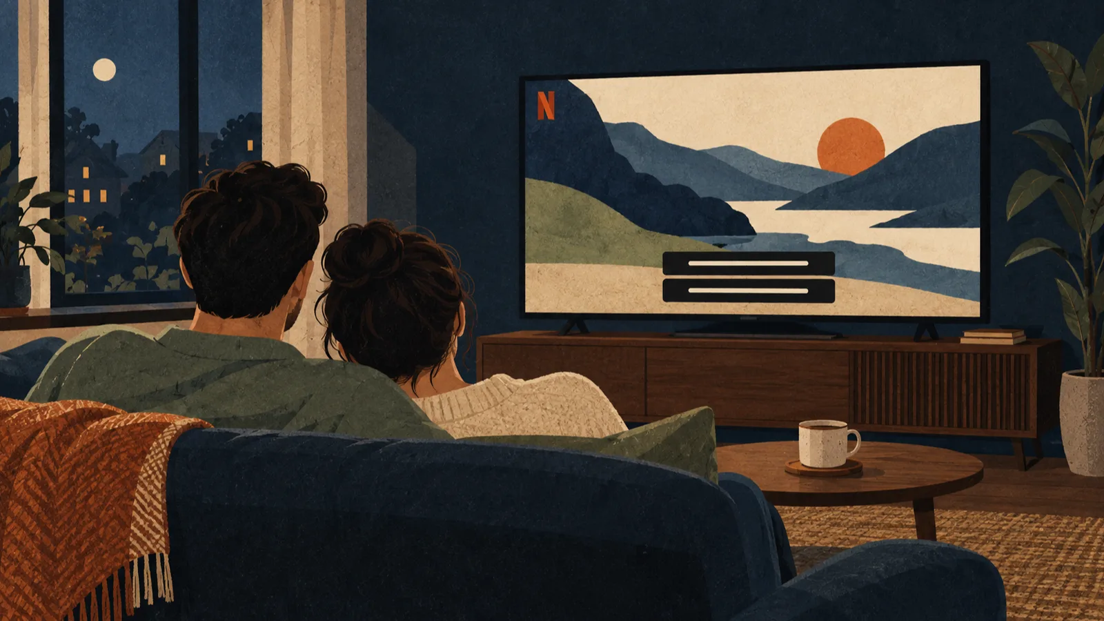 Editorial illustration: following “Netflix dual subtitles: what works on Chrome, Safari, iPhone and TV” with a smartphone held at a natural reading angle in a calm living room or study.