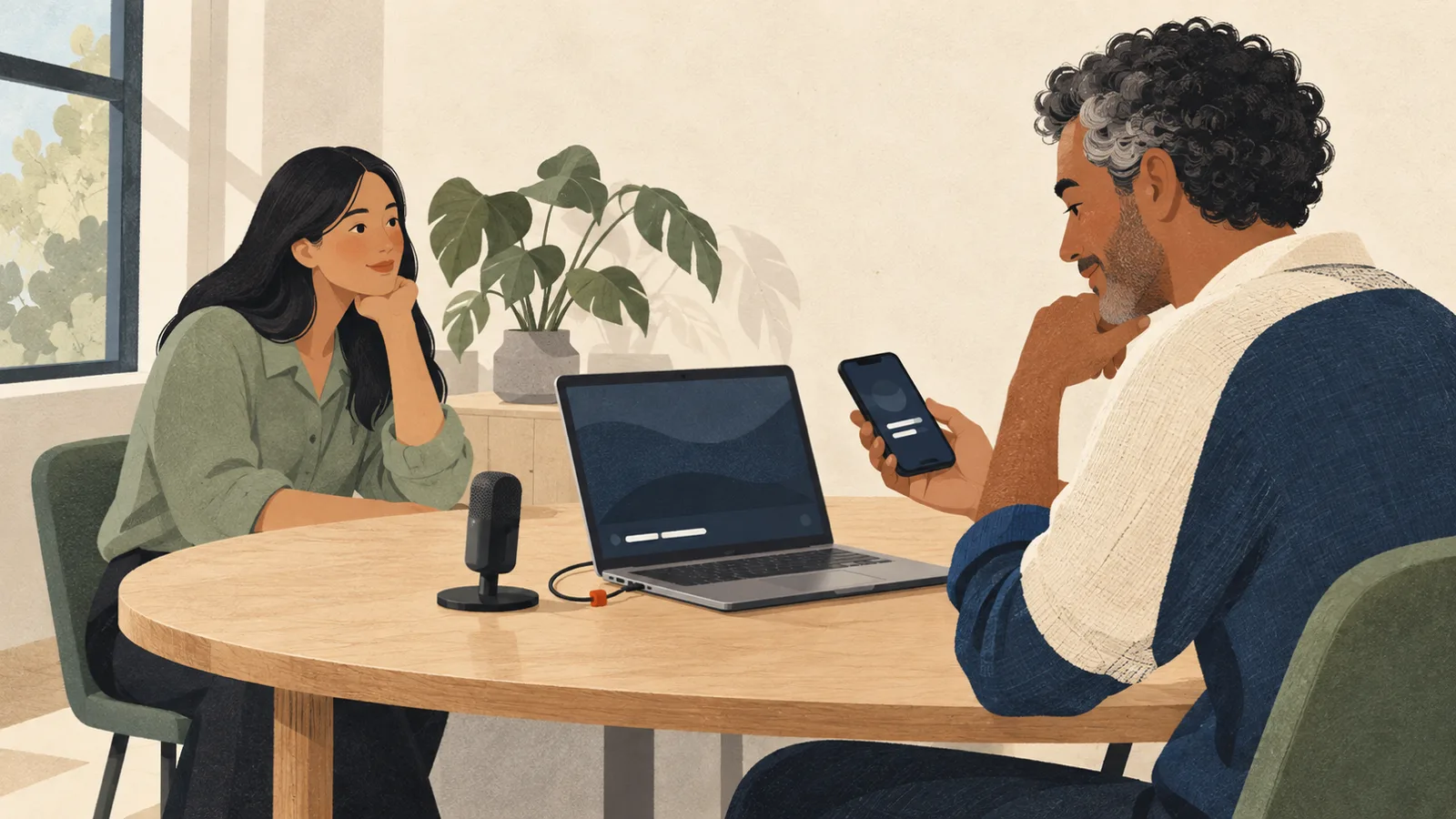 Editorial illustration: following “How to Use Otter on a Mac: Desktop App, Notetaker or Browser” with an unbranded laptop with a small blank caption bar in a small meeting room or shared workspace.