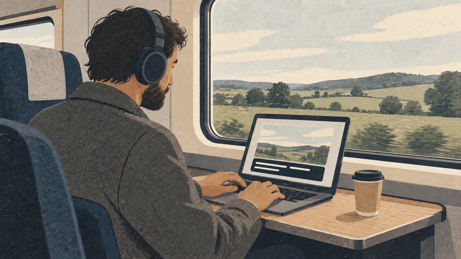 Illustration of a bearded man in a grey coat typing on a laptop at a train window, with countryside passing outside
