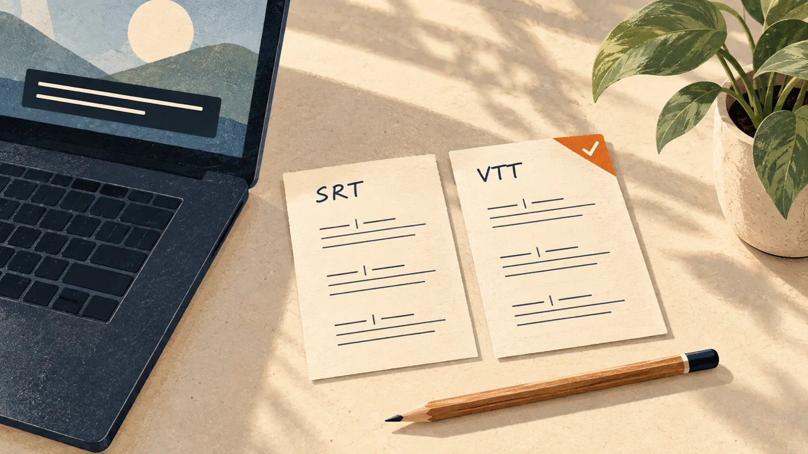 Editorial illustration: following “SRT vs VTT: Which Caption File to Use, and How to Convert” with a phone or laptop in a calm living room or study.