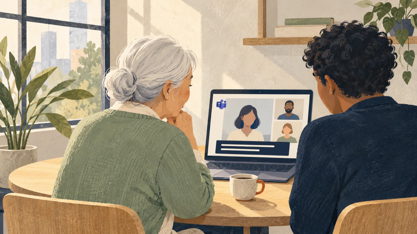 Editorial illustration: following “How to turn on live captions in Teams (and who sees them)” with a phone or laptop in a small meeting room or shared workspace.