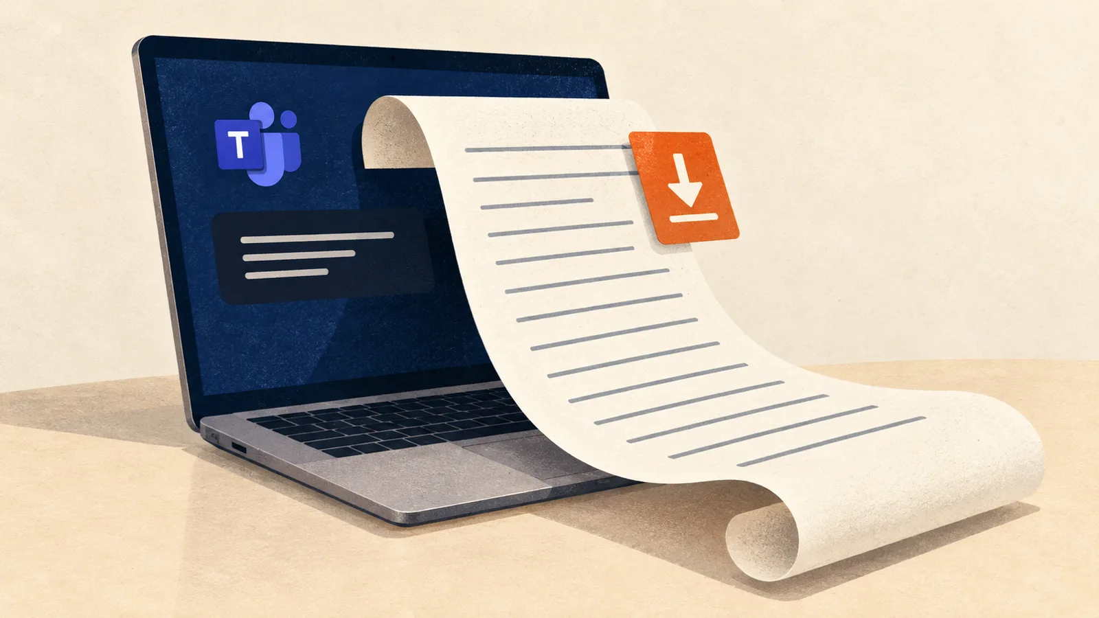 Editorial illustration: following “How to Download a Teams Meeting Transcript, and Who Can” with a phone or laptop in a small meeting room or shared workspace.