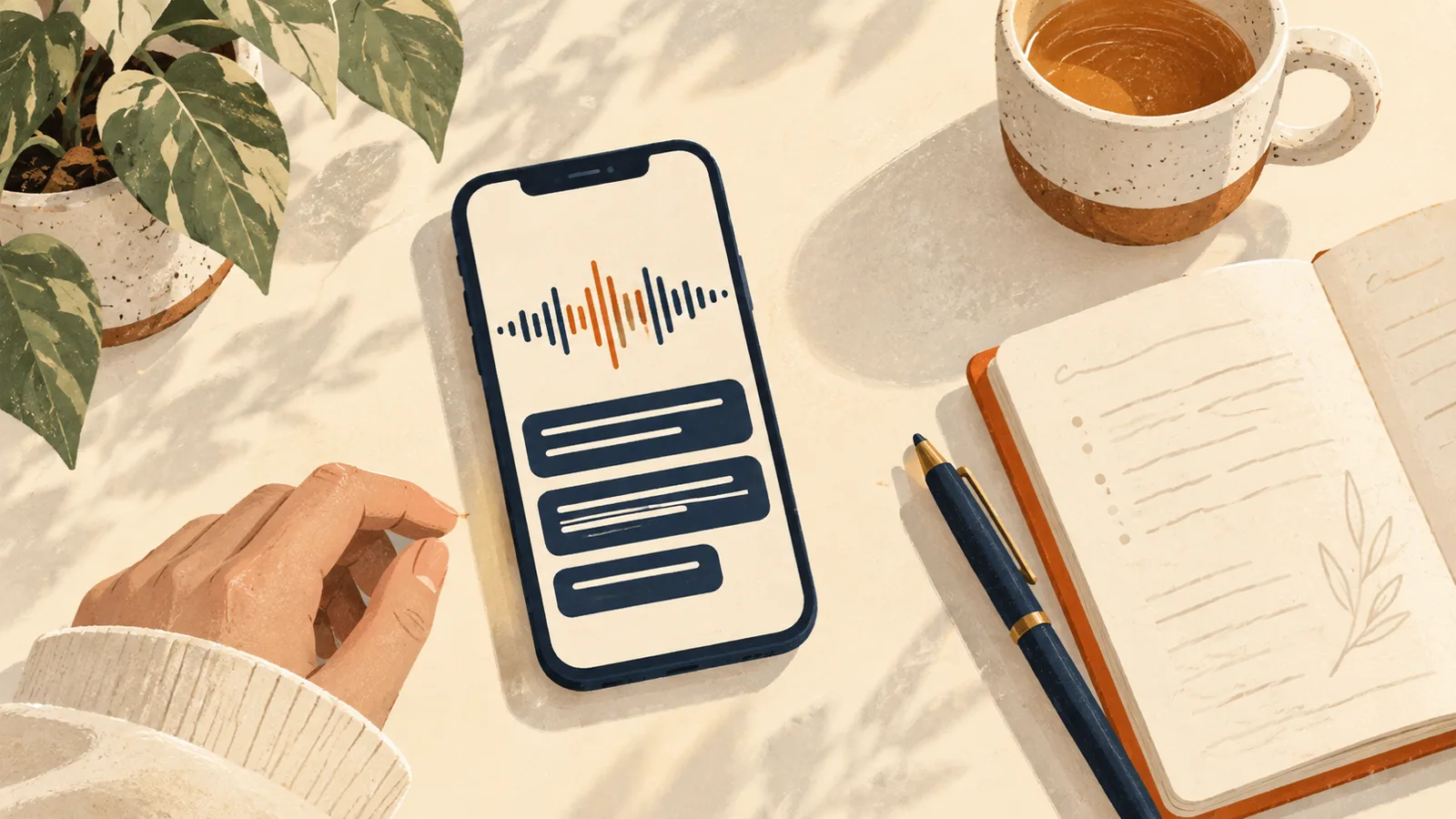 Editorial illustration: following “Voice Memos transcription: where to find it and why it's missing” with a smartphone held at a natural reading angle in a practical home or office workspace.