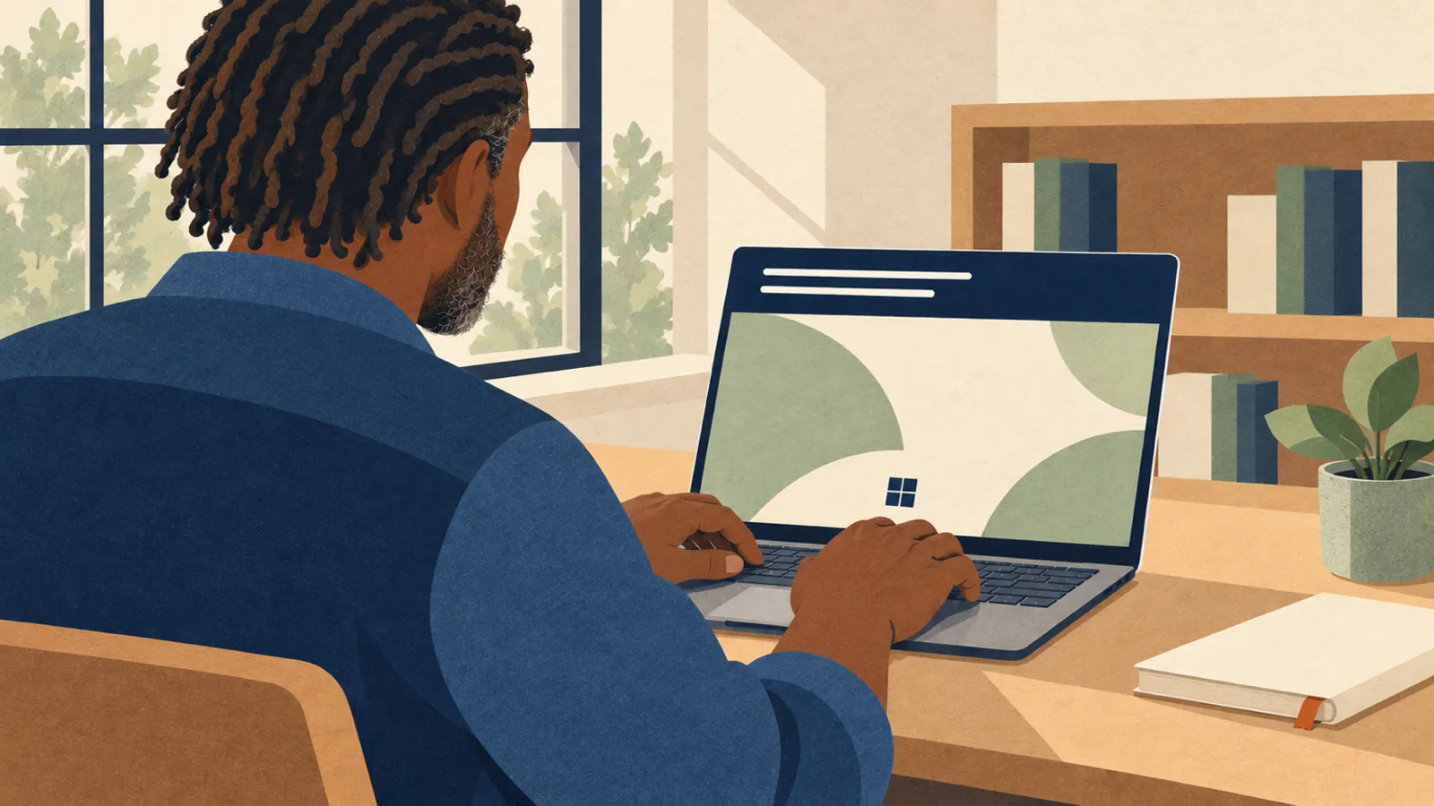 Editorial illustration: following “Live captions on Windows 11: shortcut, languages and fixes” with a phone or laptop in a calm public room or home setting.
