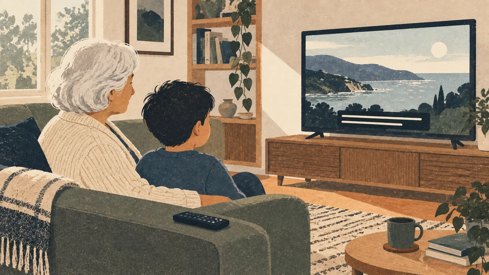 Illustration of a grandmother and a young boy on a sofa, watching a landscape video with captions on the TV