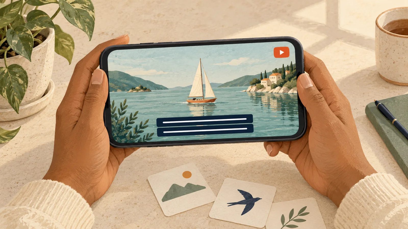 Editorial illustration: following “Dual Subtitles on YouTube: Two Languages at Once, on Computer and Phone” with a smartphone held at a natural reading angle in a calm living room or study.