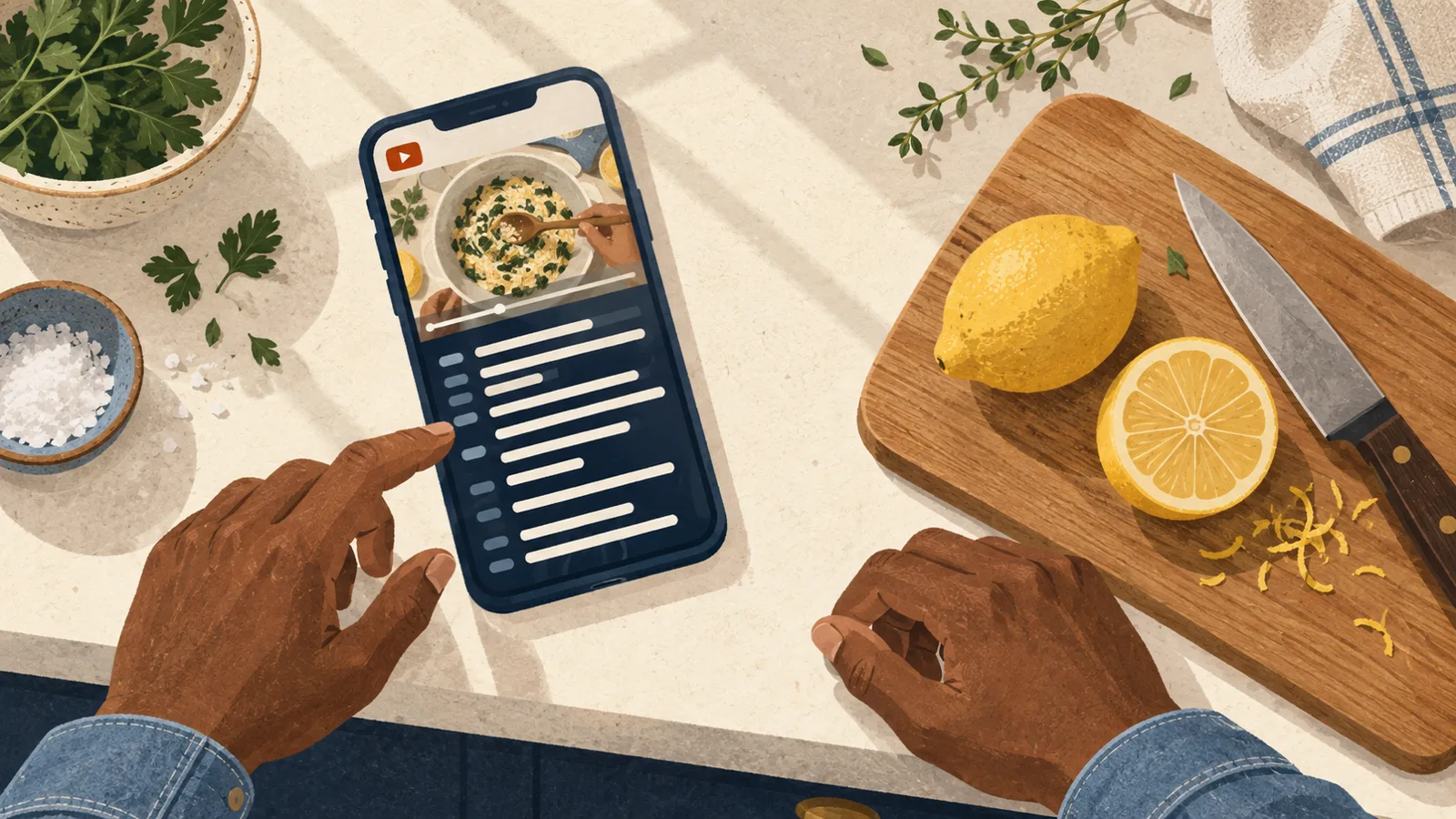 Editorial illustration: following “How to get a YouTube transcript on desktop and phone” with a laptop showing captions in a calm living room or study.