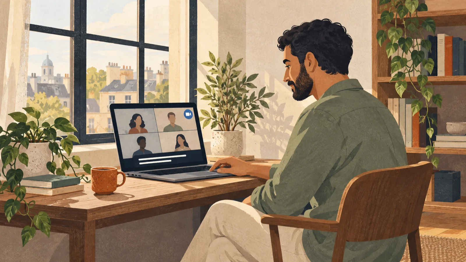 Editorial illustration: following “How to turn on Zoom captions as host or participant” with a phone or laptop in a small meeting room or shared workspace.