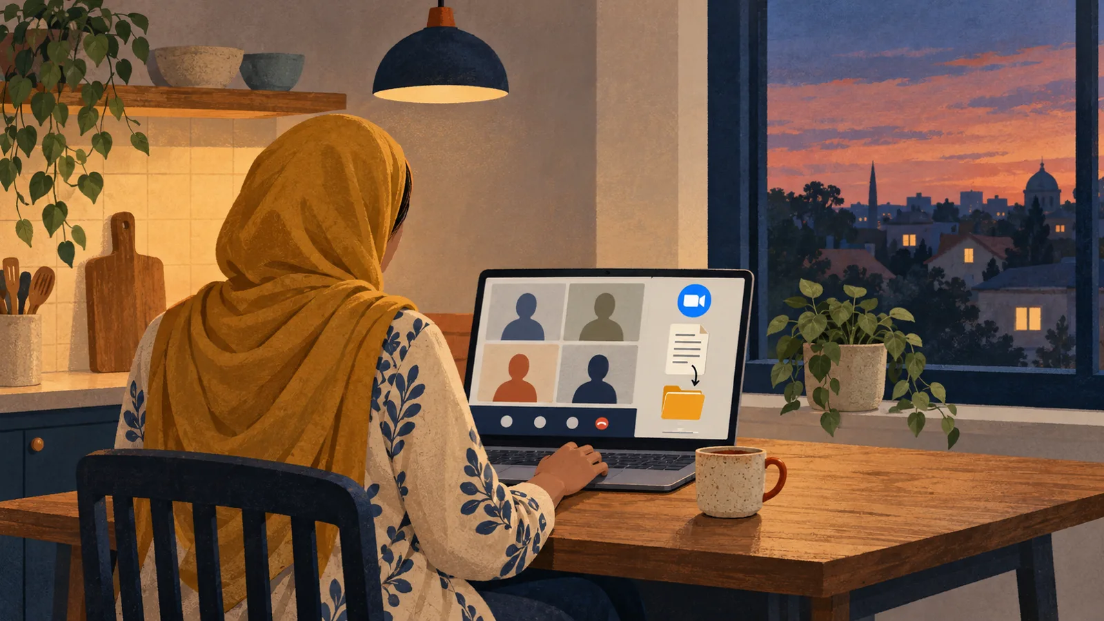 Editorial illustration: following “How to Save a Zoom Transcript and Where the File Goes” with a laptop showing captions in a small meeting room or shared workspace.