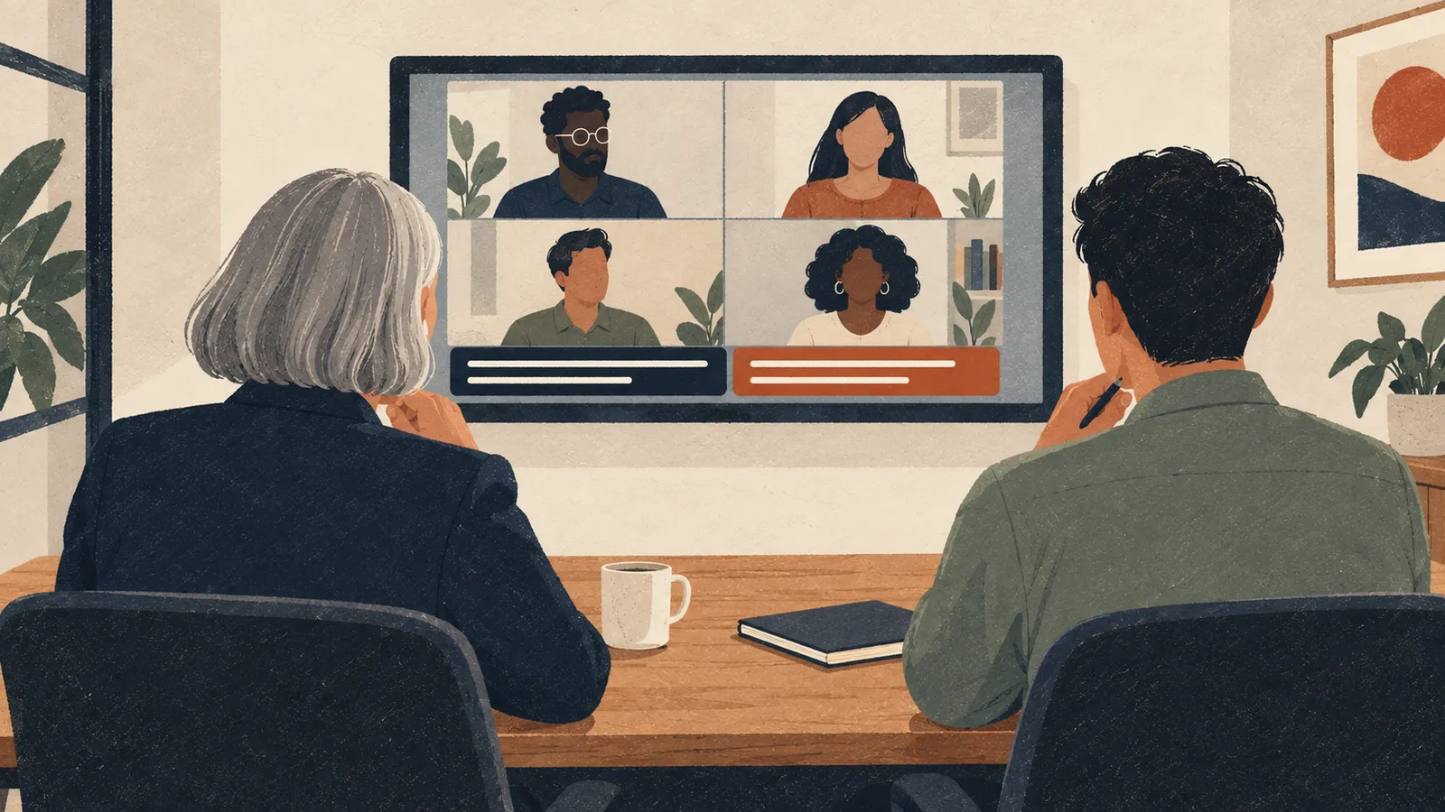Illustration of two people in a small meeting room facing a large screen with a video call and two caption bars in different colours