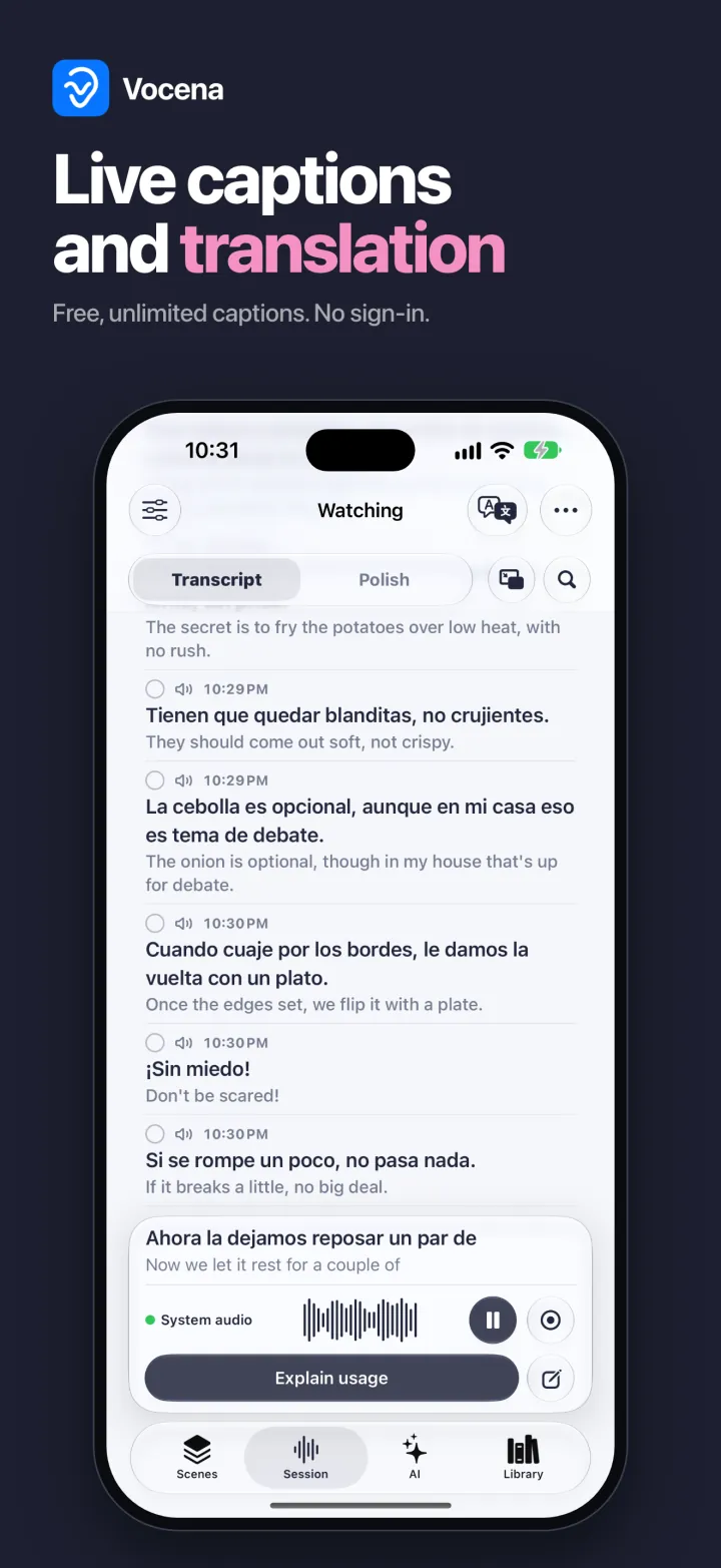 Vocena mobile promotional illustration showing original-language captions with English translations and a System audio label
