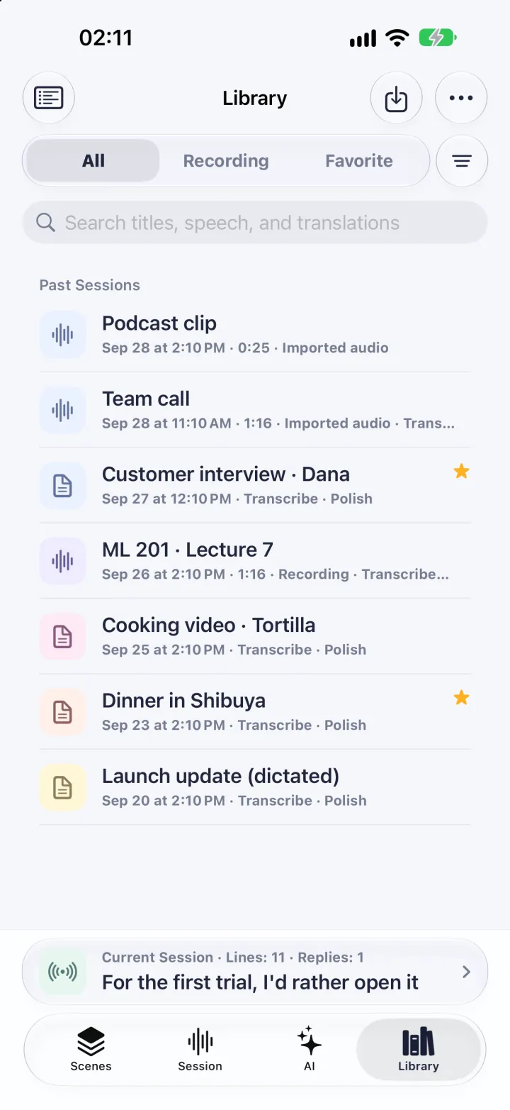 Vocena iPhone Library showing demonstration sessions, search, and recording filters