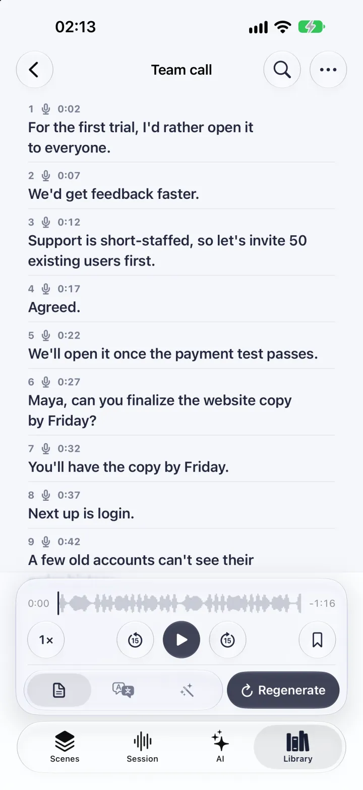 Vocena iPhone 资料库中的 Team call 演示转录，显示逐行时间戳和音频播放器