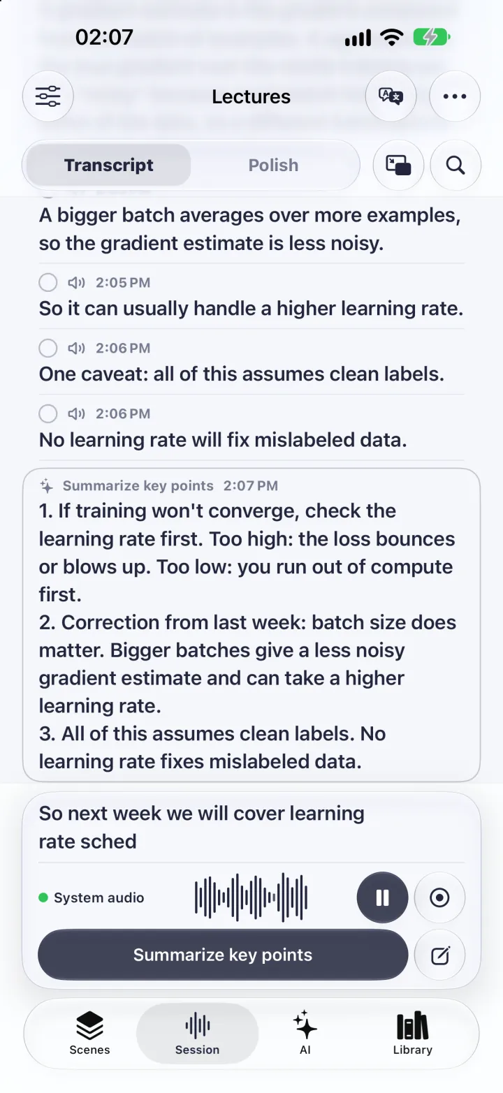 Vocena on iPhone showing live captions of a lecture, with a summary of the key points underneath